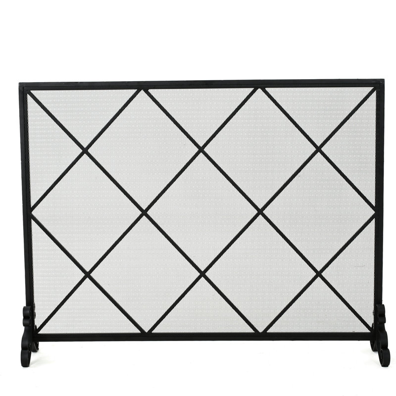 Fireplace Screen Iron - Single Panel, Contemporary Minimalist Style, 42.17" X 8.75" 31.28", Black Panel Modern Style Diamond, Finish