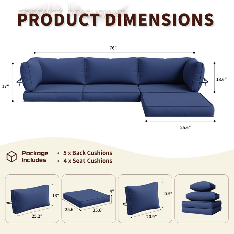 Outdoor Replacement Cushion Set for Seating – Includes 3 Seat Cushions, 3 Back Cushions, 2 Short Back Cushions & 1 Footrest Cushion.
