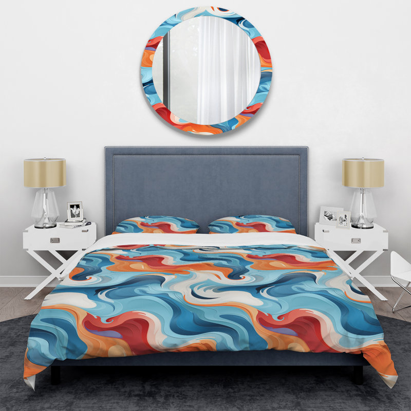 Ensemble de housse de couette Blue and Orange Swirling Waves Harmony, Housse de couette pour grand lit et 2 taies décor