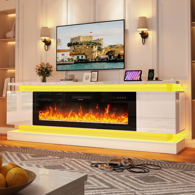 Modern Fireplace Tv Stand With Electric Fireplace – Modern Media Console With Dual Led Lights & Built-In Power Outlet For Tvs Up To 65/75/80 Inch Tvs, High Gloss Gaming Entertainment Center, For Living Room
