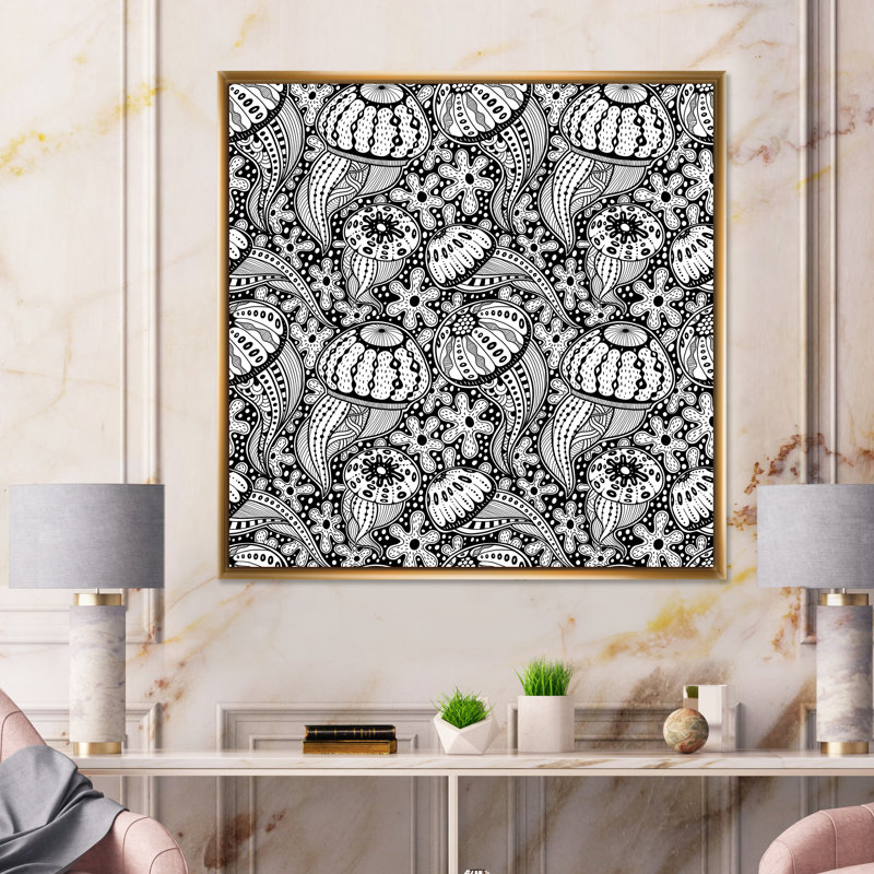 Motif de méduse sans soudure I - impression sur toile, H 16 po x l 16 po, Cadre flottant doré