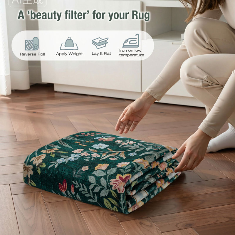 Washable Farmhouse Floral Area Rug  with Non-Slip for Bedroom Nursery Living Room Decor-Green, Rectangle 5' x 7', Green