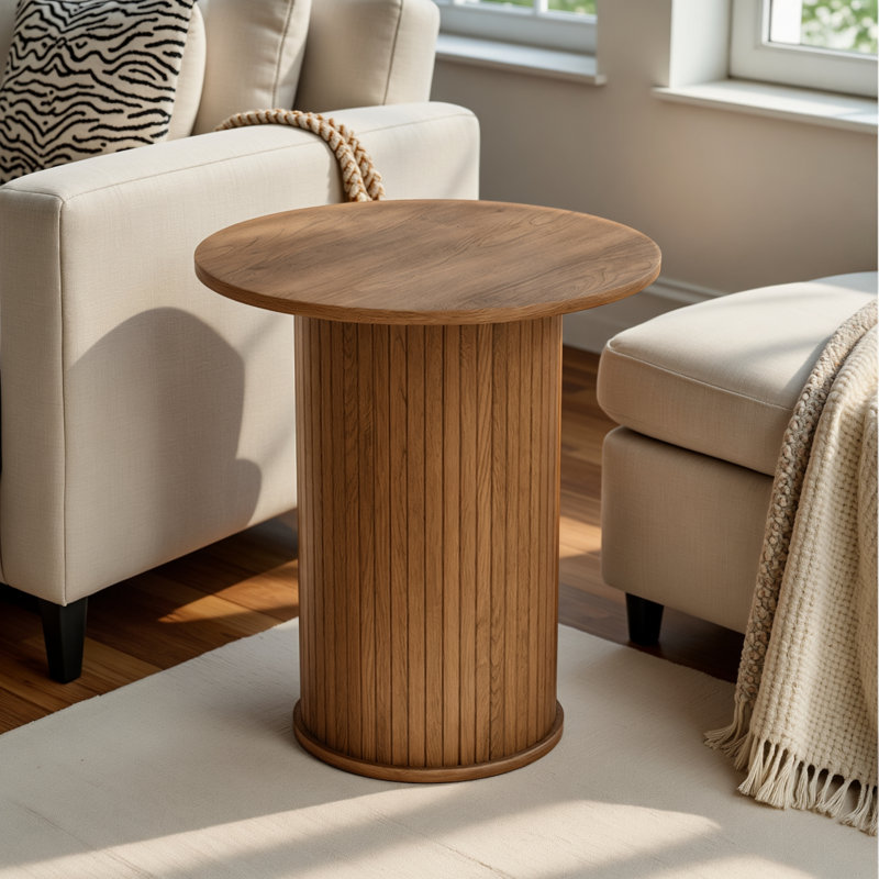 21.7" Tall Mid-Century Modern Tambour Round End Table, Brown