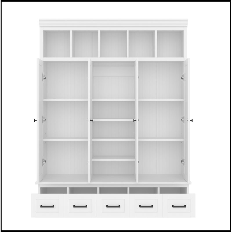 Meuble Donald avec banquette, 5 compartiments de rangement, 4 portes, 5 tiroirs et tablettes ajustables, Blanc
