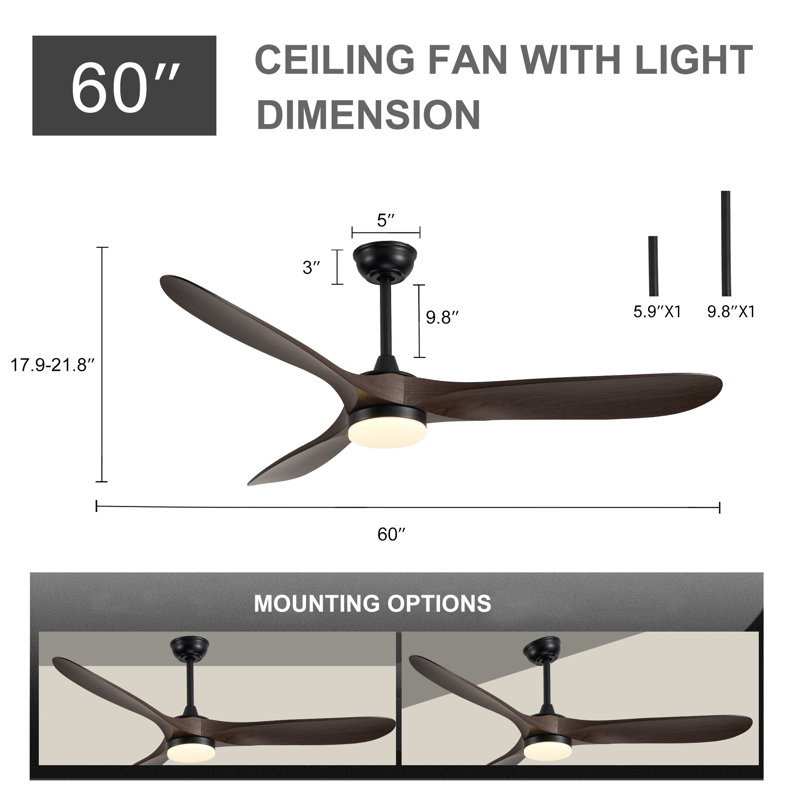 60 in. Farmhouse Rustic Black Ceiling Fan with LED Light and Remote