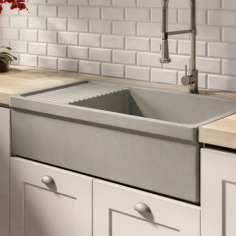 Fireclay Reversible Sink with Integral Drainboard and Decorative 2 ½" Lip on Both Sides, Matte Light Cement