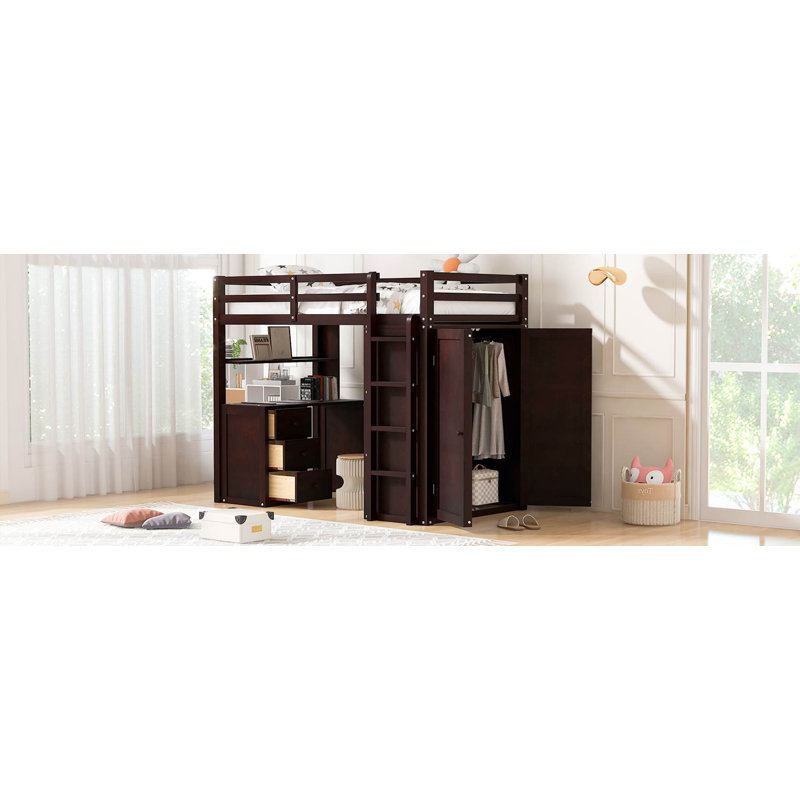 Lit mezzanine avec tiroirs, bureau et garde-robe, Simple, Espresso