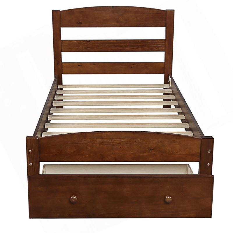 Platform Twin Bed Frame With Storage Drawer, Walnut
