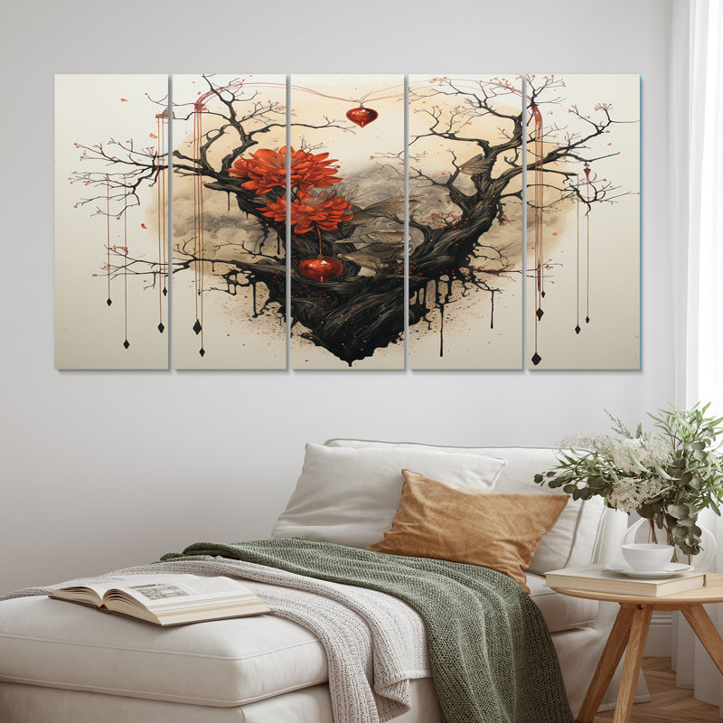 «Blossoming Love», art japonais rétro sur toile - 5 panneaux égaux
