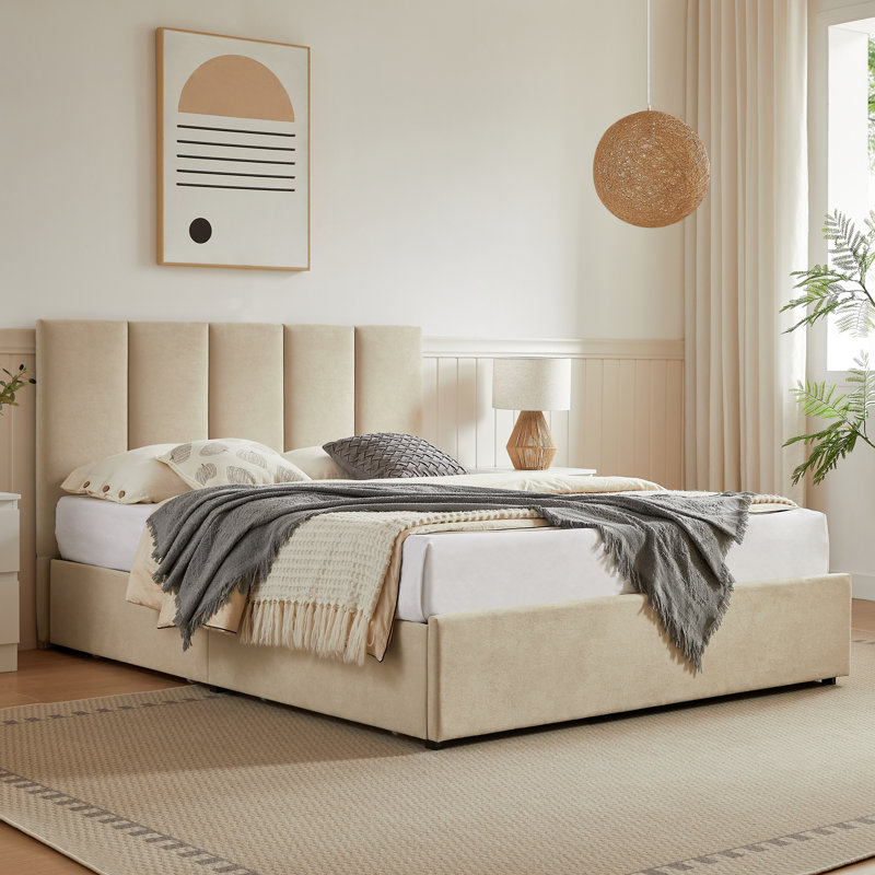 Lit plateforme rembourré Coletti avec rangement et 4 tiroirs, Beige, Grand