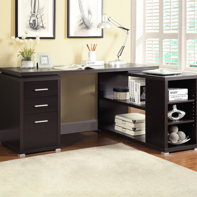 Bureau d'ordinateur en forme de L avec 3 tiroirs coulissants lisses, finition cappuccino, cinq tablettes pour un espace de travail avec tiroir à teinte chaude, rangement de bureau efficace