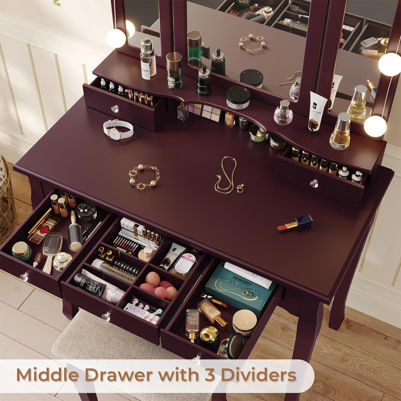 Vanity Desk with Tri-Fold Mirror and Lights, Brown