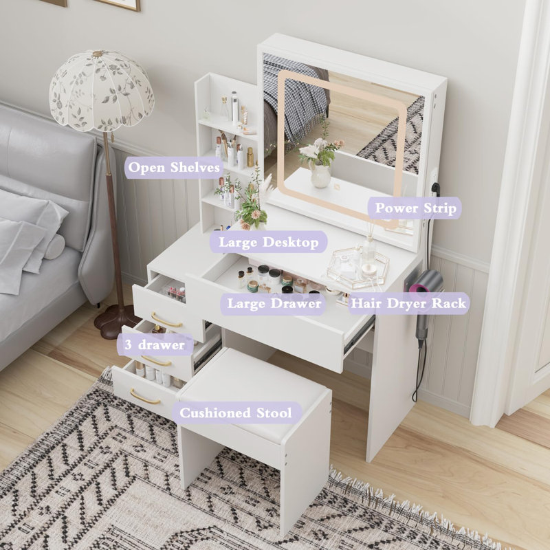 White Vanity Desk With Mirror And Lights,Makeup Dressing Vanity Table Set With 4 Large Drawers,Bedroom Set With Vanity Mirror 3 Lighting Color Adjustable,White