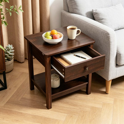 Vintage Style Nightstand End Table, MDF Wooden Side Table with Drawer and Open Shelf