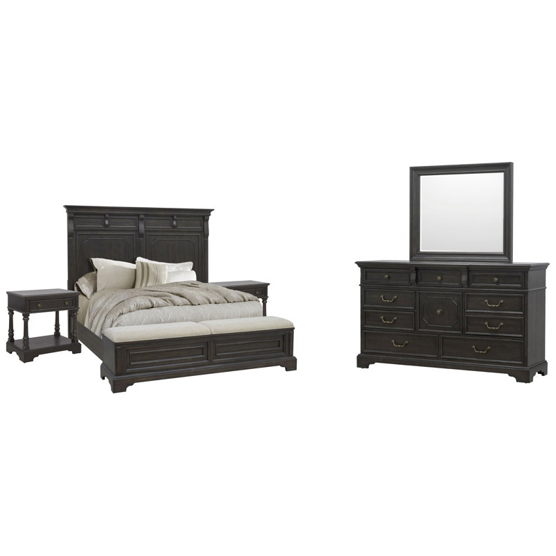 Très grand lit de rangement Bolky avec commode 2 tiroirs et miroir, 5 pièces: lit, 2 tables de chevet, commode, miroi