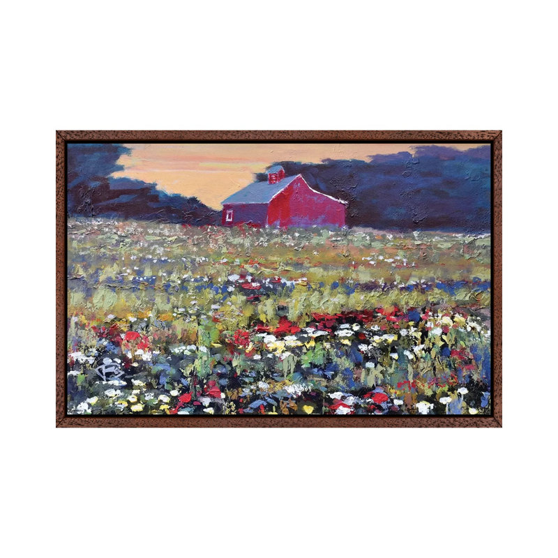 Red Barn And Flowers by Kip Decker - Gallery-Wrapped Canvas Giclée on Canvas, Brown Framed, 101.6 cm H x 66.04 cm W