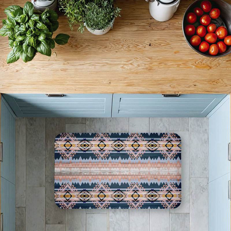 Tapis de sol à motif géométrique imprimé rayures Boho Vibe, par Jennifer Ellory, 30 po x 18 po, Géométrique, Bleu / Rose