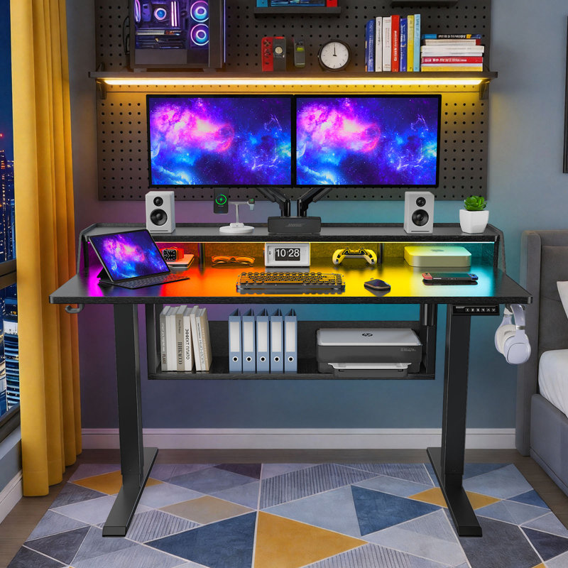Electric standing desk, height adjustable, with storage space, standing gaming desk with LED light strip, suitable for home office and gaming, sit/stand workstation.
