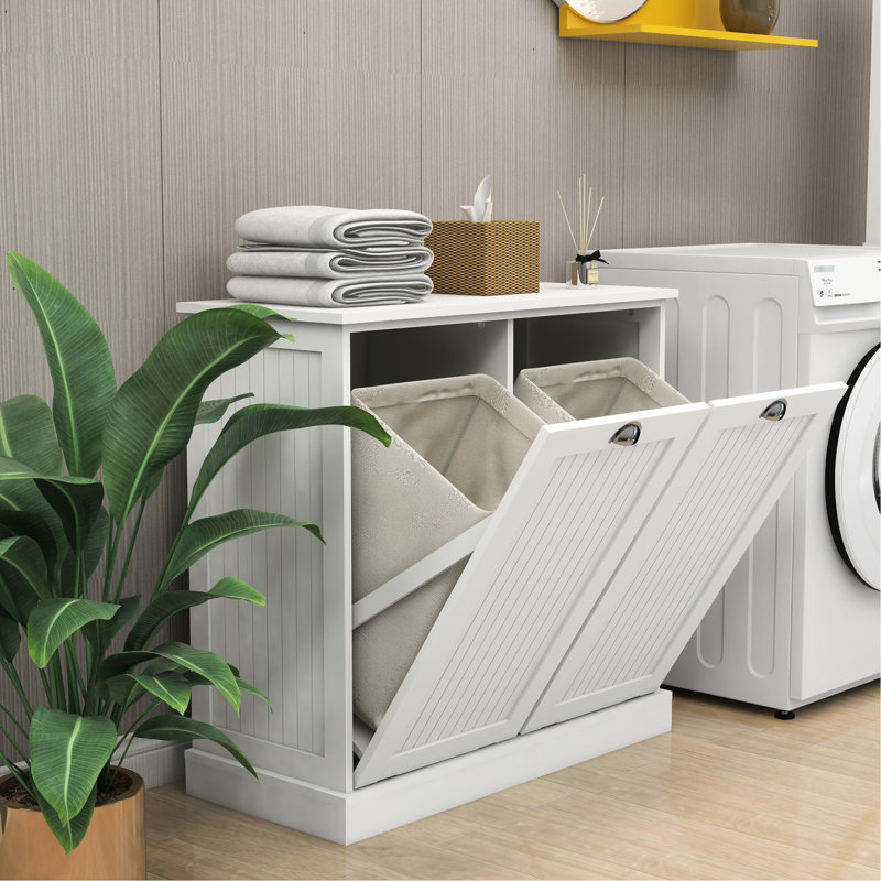 White Laundry Sorter With Two Compartments, Painting, Removable Bags For Storage, Simple Assembly, 100-Pound Load Capacity Cabinet - White, Construction, Coated, Cloth Bags, 100Lb Support, Assembly