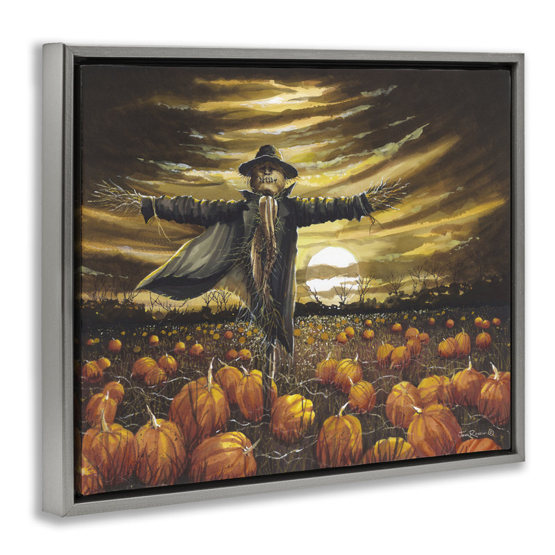 "Scarecrow in Pumpkin Field" par John Rossini, Cadre flottant gris lustré, H 17 po x l 21 po
