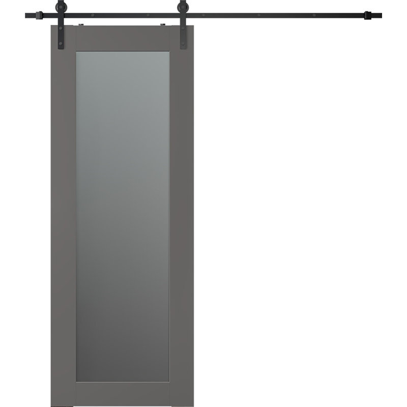 Porte de grange à panneaux en bois manufacturé et en verre Avon 207 avec trousse de quincaillerie d'installation, Noir
