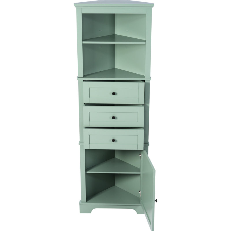 Tall Corner Cabinet With 3 Drawers And Adjustable Shelf For Home Interior Shelves Use, Green