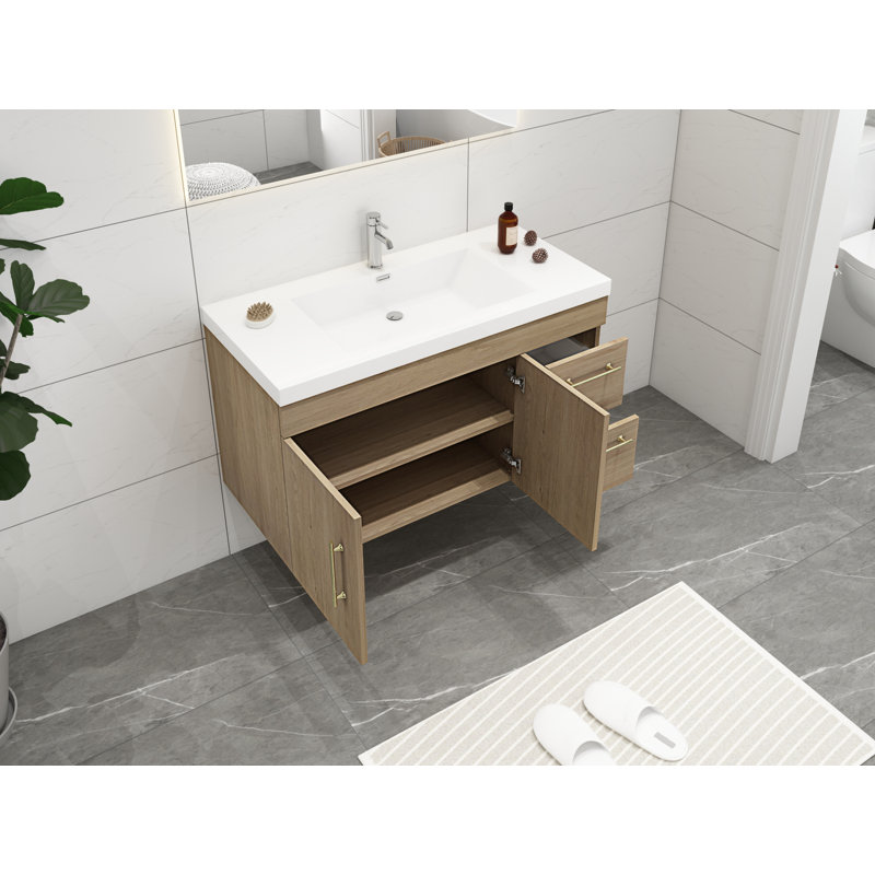 Ensemble de meuble-lavabo simple mural de 42 po Carliss, Blanc / Chêne, Doré