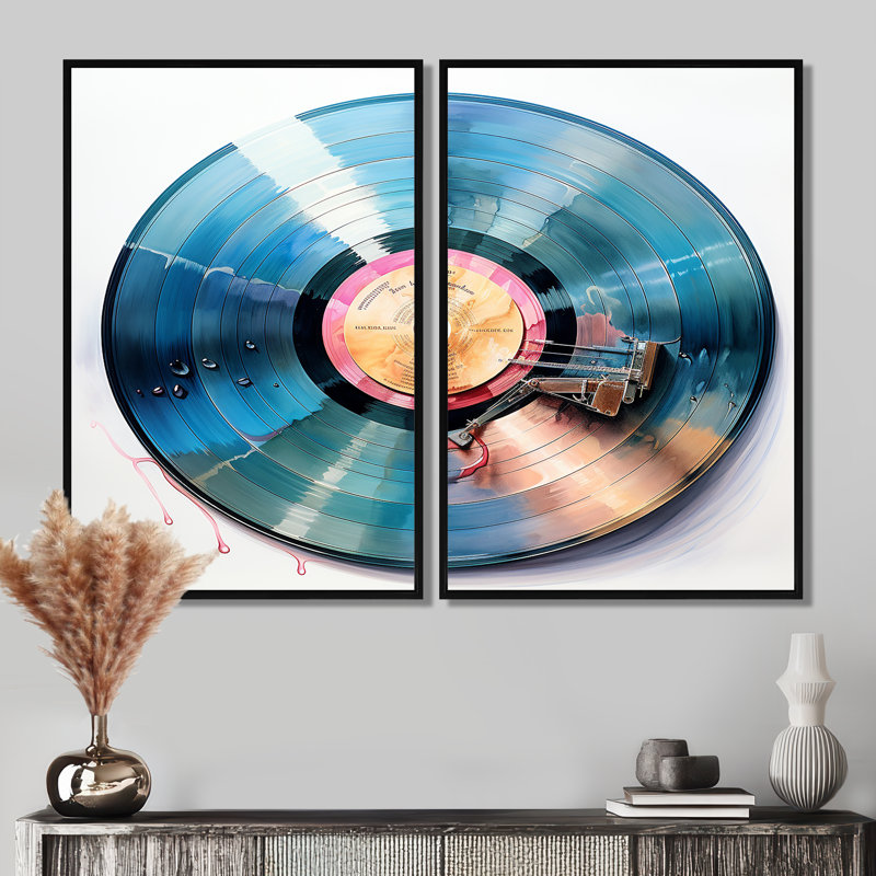Disque vinyle reflets - art mural moderne noir 2 panneaux, Black, 36" H x 48" W, Impression encadrée flottante