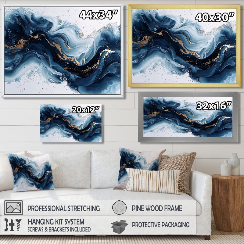 Or et bleu céleste fluidité II - encre liquide, art mural, H 24 po x l 32 po, Cadre flottant, Argent argent