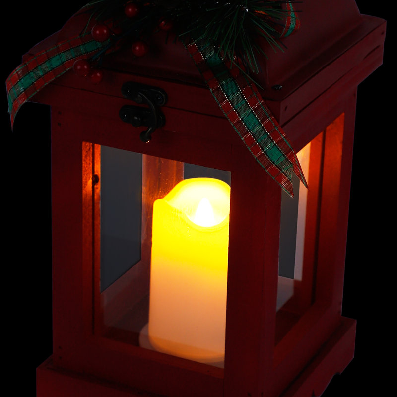 Alpine Metal and Glass Lantern with Warm LED Light Faux Candle, Red