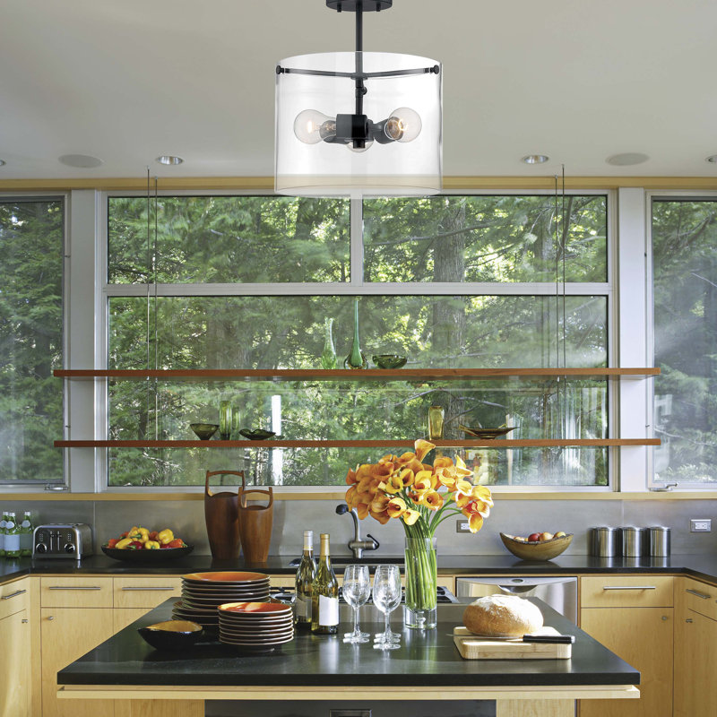 Barines Glass Semi Flush Mount, Matte Black