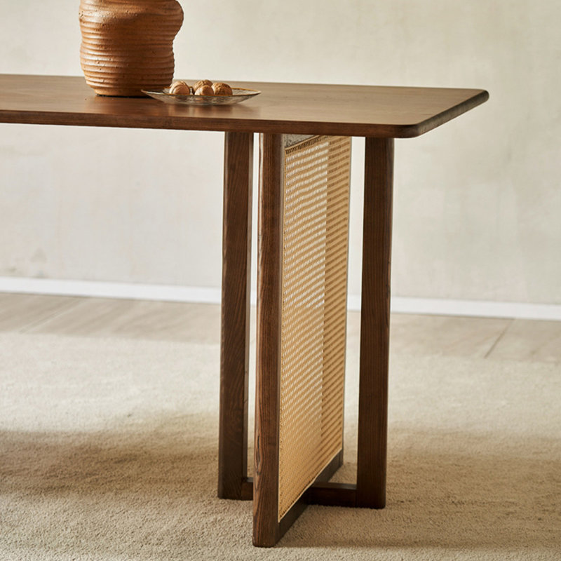 Table de salle à manger brune + beige rectangulaire en bois massif + rotin, H 29,13 po x l 70,87 po x L 33,46 po