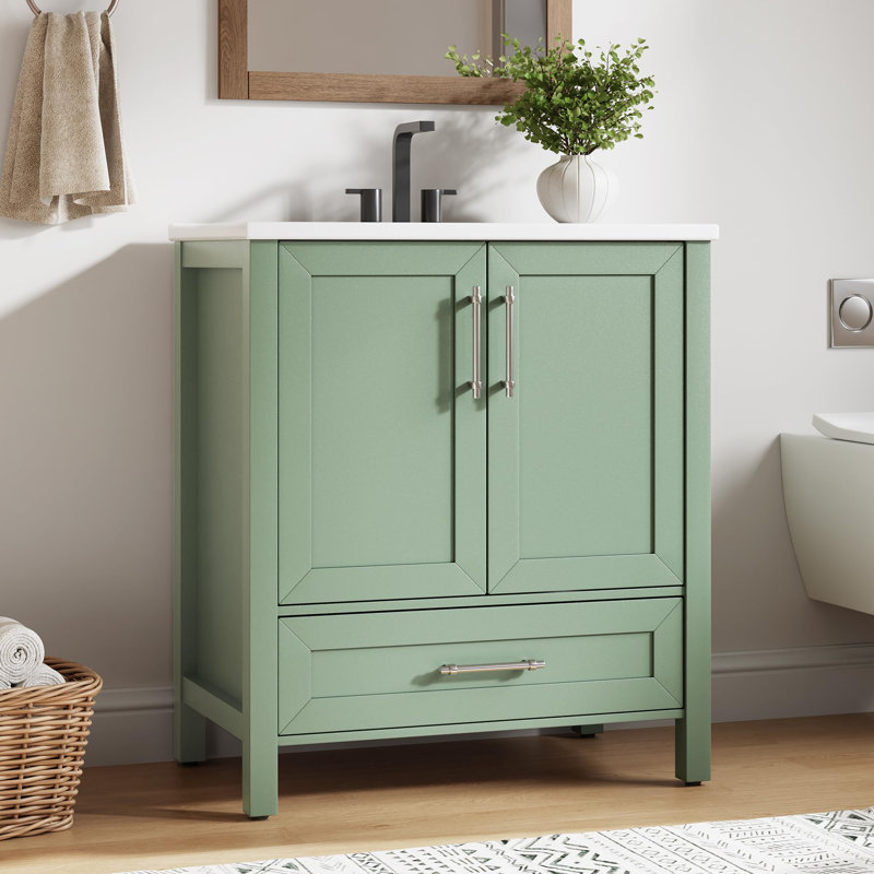 Green 30" Bathroom Vanity with Ceramic Basin Storage Cabinet Drawer Soft Closing Doors Single Sink Integral Top for Bathroom
