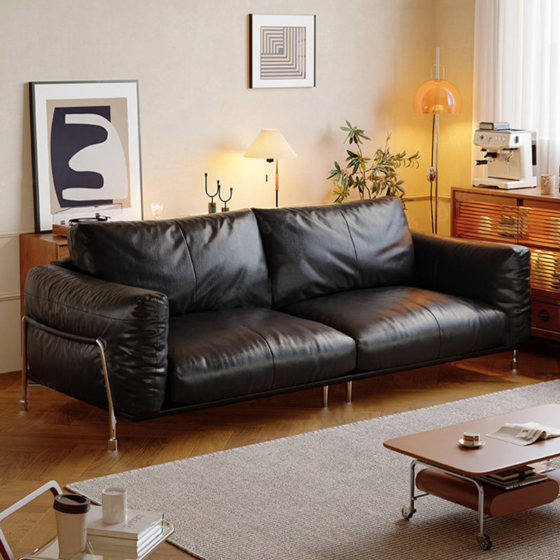 Canapé modulaire noir en cuir véritable, 94.49" W