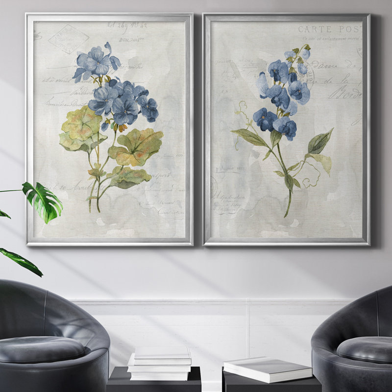 Lin bleu géranium - ensemble de 2 reproductions d'art, H 18,5 po x l 49 po x P 1,5 po, Pas de tapis, Toile avec cadre argenté