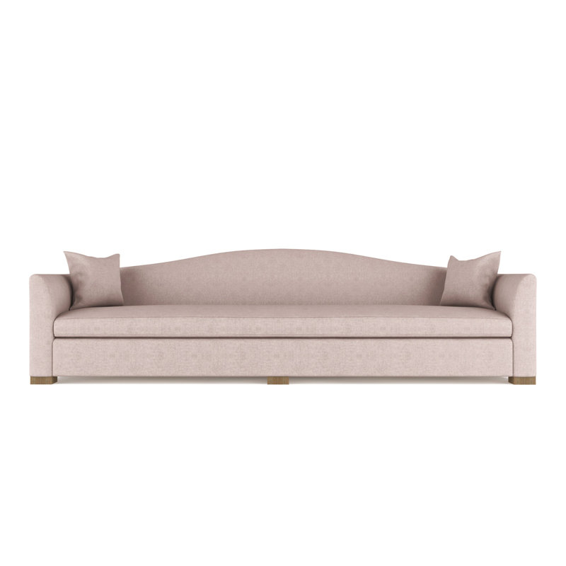 Horatio Camelback Taper Curved-Arm Extra Long Sofa, Ebony, Box Weave Linen Blue Print, 33" H x 120" W x 36" D
