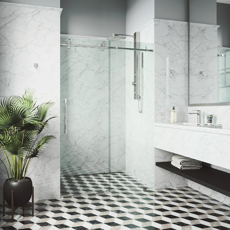 Porte de douche coulissante sans cadre avec verre transparent 3/8 po l 52-56 po x H 76 po Cass, Chrome