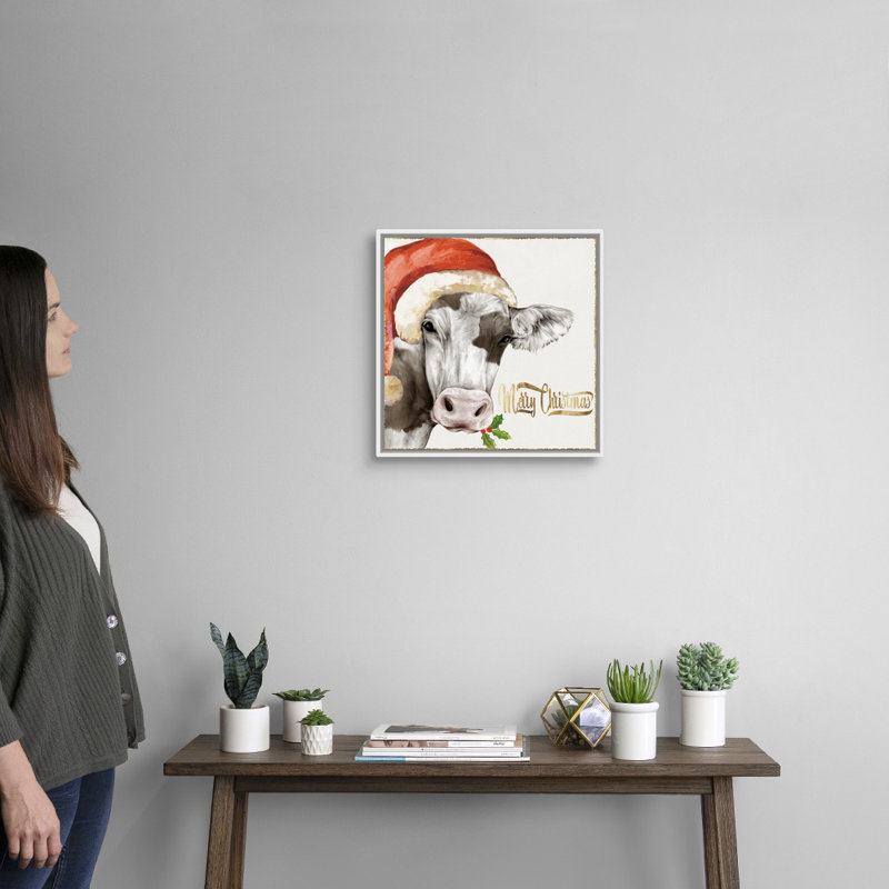 Vache de Noël - reproduction d'art sur toile, Cadre blanc, H 18 po x l 18 po x P 1,75 po