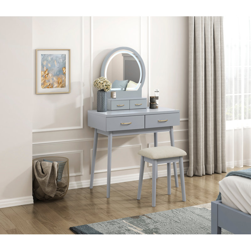 Bureau de coiffeuse avec miroir à DEL Bruce et tabouret Bruce, Beige/Gray