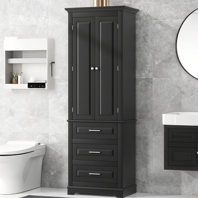 Tall Storage Cabinet With Three Drawers For Bathroom/Office, Black