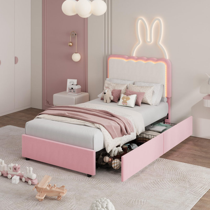 Structure de lit plateforme simple tapissier simple avec 2 tiroirs de rangement - tête de lit double ondulée réglable, style princesse en velours, support robuste en lattes de bois et de métal, aucun sommier nécessaire, rose et blanc