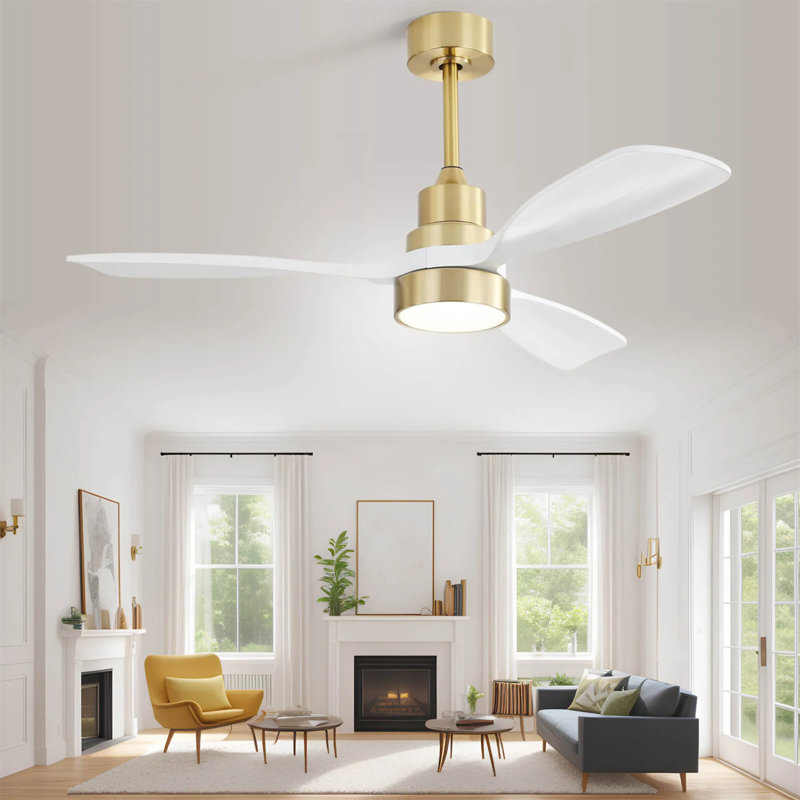 48 Inch Modern Ceiling Fan With Lights 3 Wood Fan Blade Noiseless Reversible Motor Remote Control, Gold