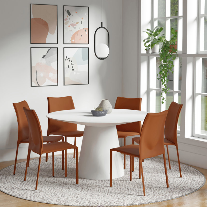 Adara 53" Dining Table In White With 6 Sokol Stacking Chairs In Dark Caramel, Brown, White 