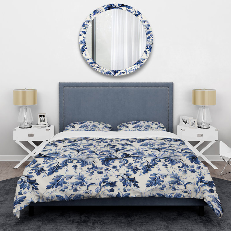 Ensemble de housse de couette à motif damassé victorien bleu cobalt Regal, Housse de couette pour grand lit et 2 taies décor