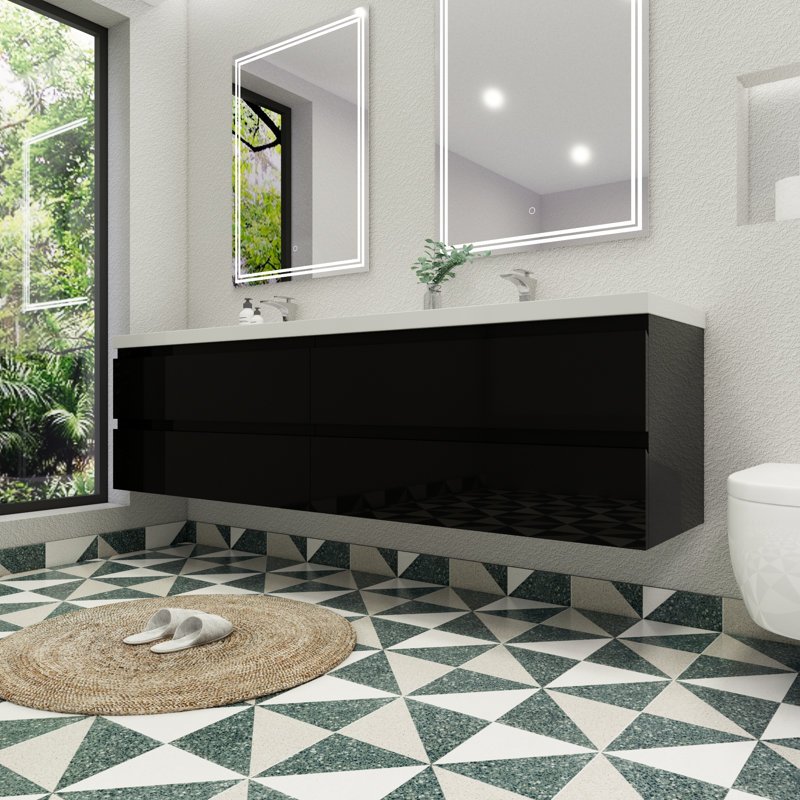 Ensemble de meuble-lavabo double mural 84 po Amahia, Noir très lustré