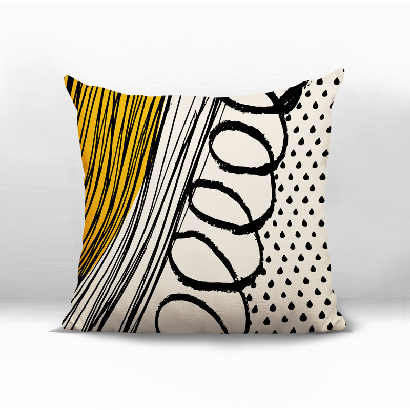 Oreiller carré réversible intérieur / extérieur Toba, H 15 po x l 15 po, Jaune / noir / blanc cassé abstrait