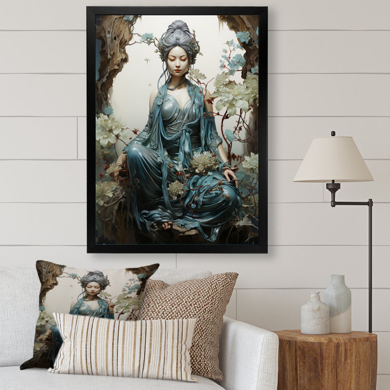 Art bouddhiste sarcelle beige avec bodhisattva sur toile, L 12 po x H 20 po, Cadre photo noir