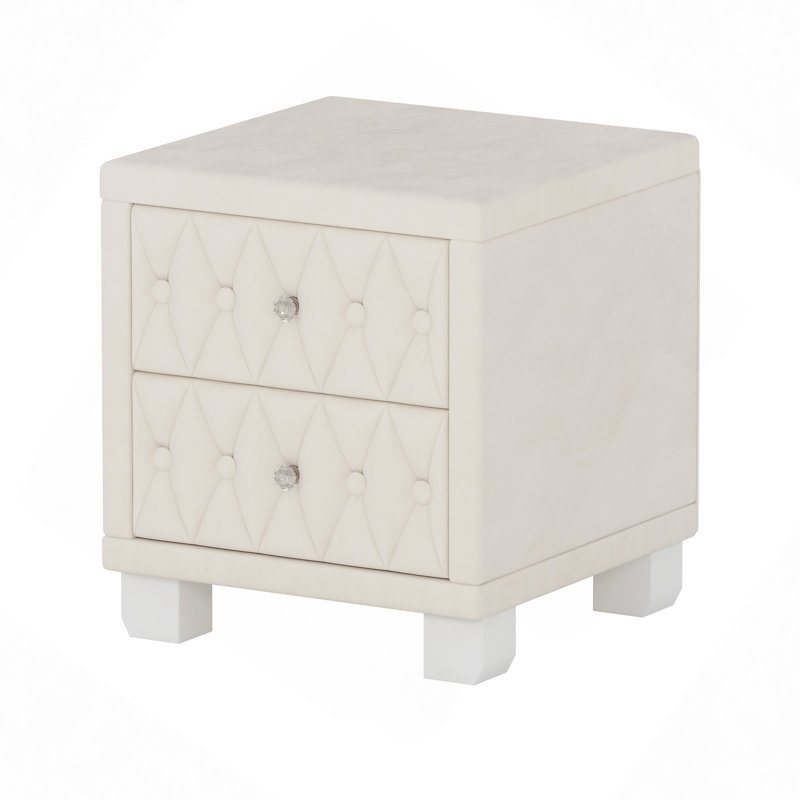 Table de chevet en velours avec 2 tiroirs et poignée en cristal, table de chevet avec capitonnage à boutons, Beige