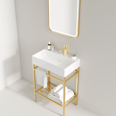 Meuble-lavabo de salle de bain avec lavabo en céramique rectangulaire blanc brillant de 24 po, console autoportante, pieds en métal ouverts, or, conception de tablette de rangement, caractéristique des tablettes