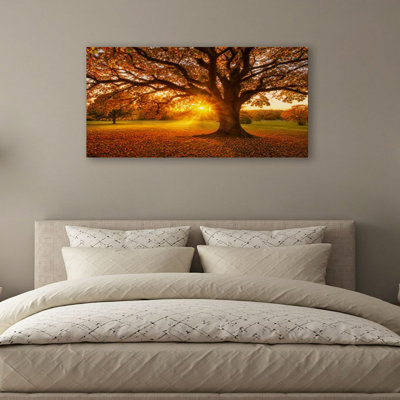 Canvas Wall Art Majestic oak tree autumn sunset Wall Decor for Living Room Bathroom Bedroom Office 20"H x 40"W Art Paintings, Ready to Hang